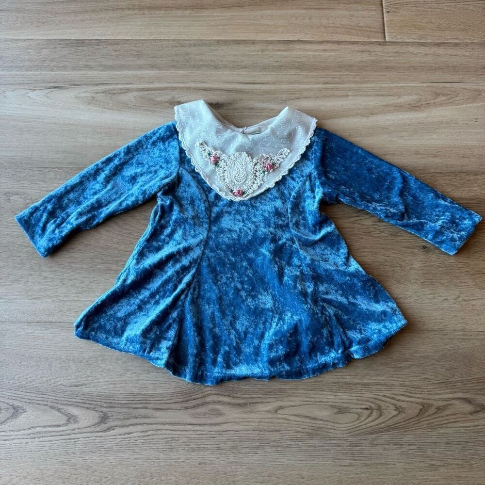 Vintage Little Precious Blue Velvet Lace Floral Collar Tunic Dress 2T Coquette